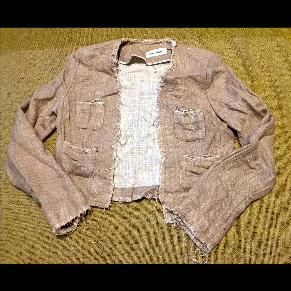 NWOT calvin klein Ladies Collarless short jacket Beige Linen Look Rough Edges 6P